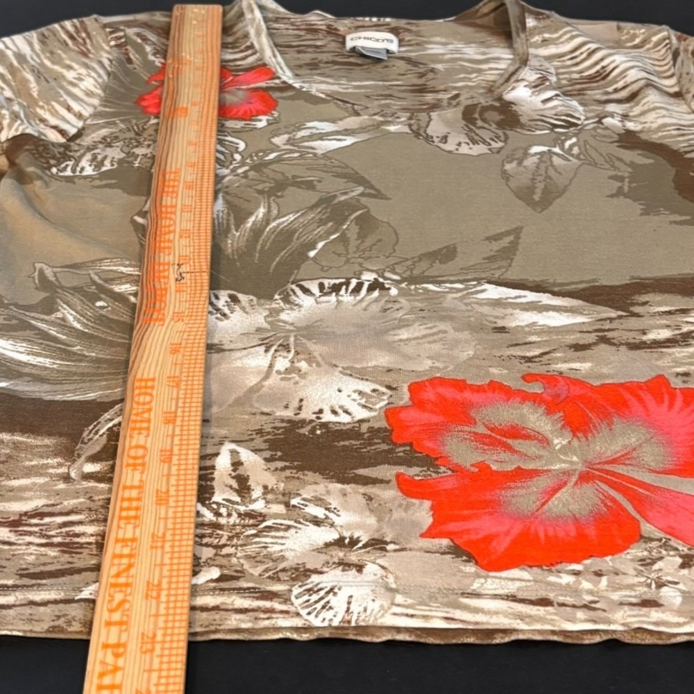 Chico's Womens Rayon Tropical Brown Red Floral Short Sleeve Stretch Tee sz 2/LG - Picture 7 of 8